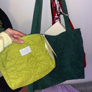 Green Corduroy Shoulder Bag with Lime Quilted Pouch